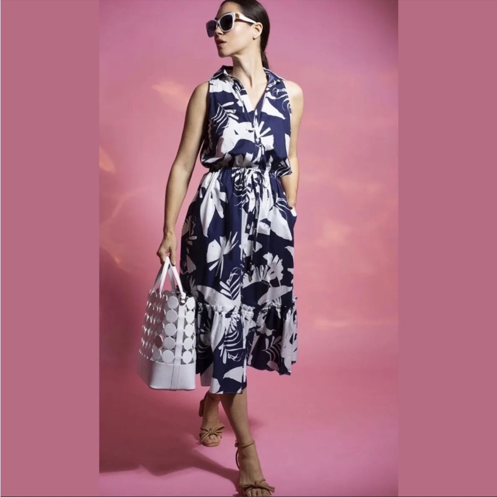 Cara Cara Navy & White Floral Sleeveless Collared Midi Dress